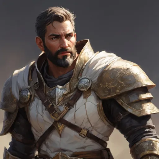Prompt: Male heavy-set mature holy-paladin with short-cut hair and beard, in a windy valley, pathfinder, d&d setting, enhanced shadow quality