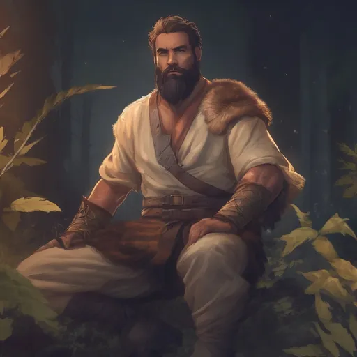 Prompt: (Full body) male stocky martial fighter with hairy chest and short hair and beard, in nature at night, pathfinder, d&d setting, in a realistic digital art style