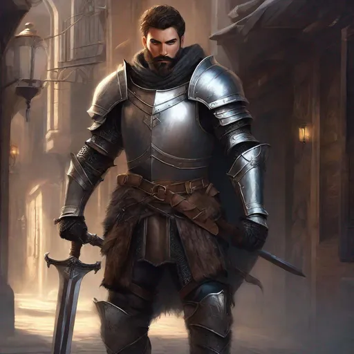 Prompt: (Full-body) A handsome rugged hairy male knight, short-hair and short-bearded, leather armor open in the chest, hairy chest visible, holding a fantasy weapon, dark fantasy street, matte shaded illustration, realistic digital art