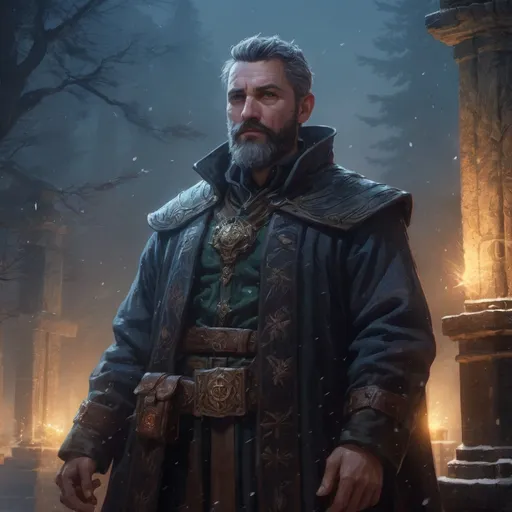 Prompt: Male stocky mature spellcaster, with short hair and beard, standing on an old temple in a forest at night in a blizzard, pathfinder, d&d setting, in a realistic high quality digital art style, enhanced shadow quality, colorful