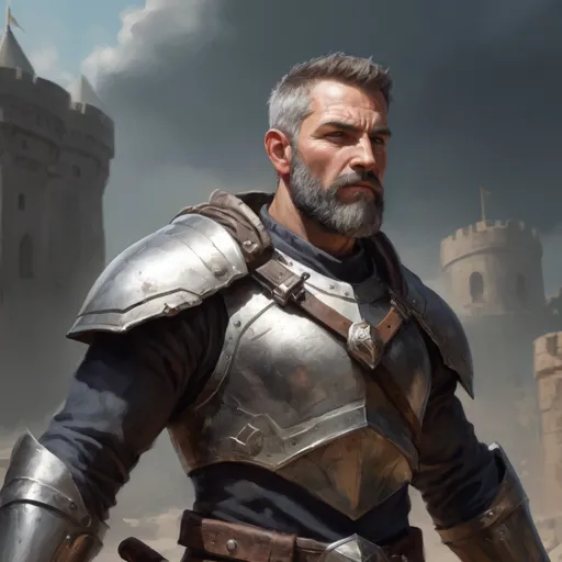 Prompt: Male heavy-set mature fit muscular large crusader with short-cut hair and beard, in a windy castleground, pathfinder, d&d setting, enhanced shadow quality