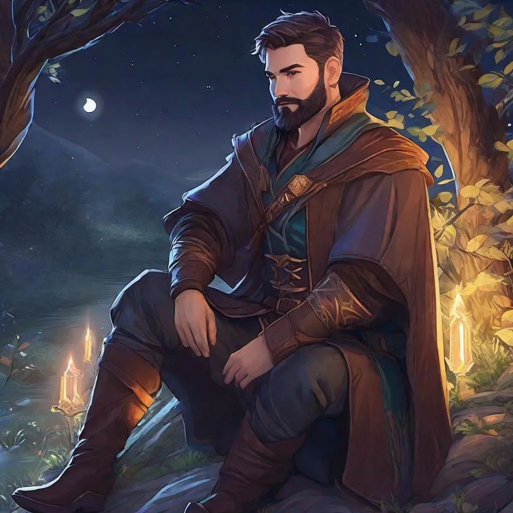 Prompt: A male mage looks like with short-cut hair and beard, in nature at night, boots, pathfinder, in a detailed realistic digital art style