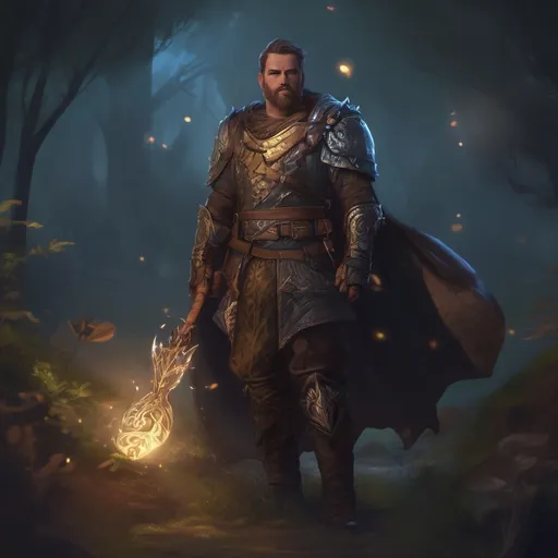 Prompt: (Full body) male stocky druid with short-cut hair and beard, in leather armor, casting a swirly nature-spell, in nature at night pathfinder, d&d setting, in a realistic digital art style