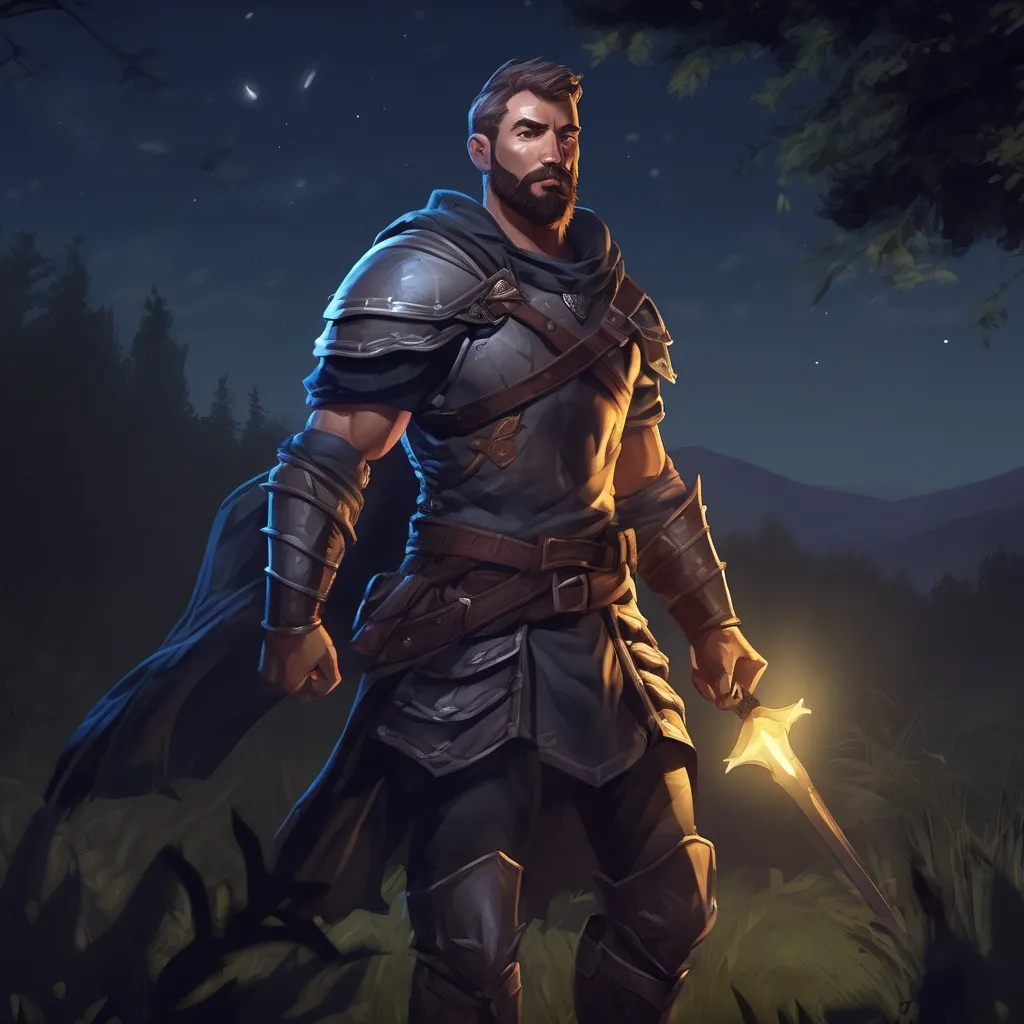 Prompt: (Full body) male muscular crusader with short hair and beard, in nature at night, pathfinder, d&d setting, in a realistic digital art style