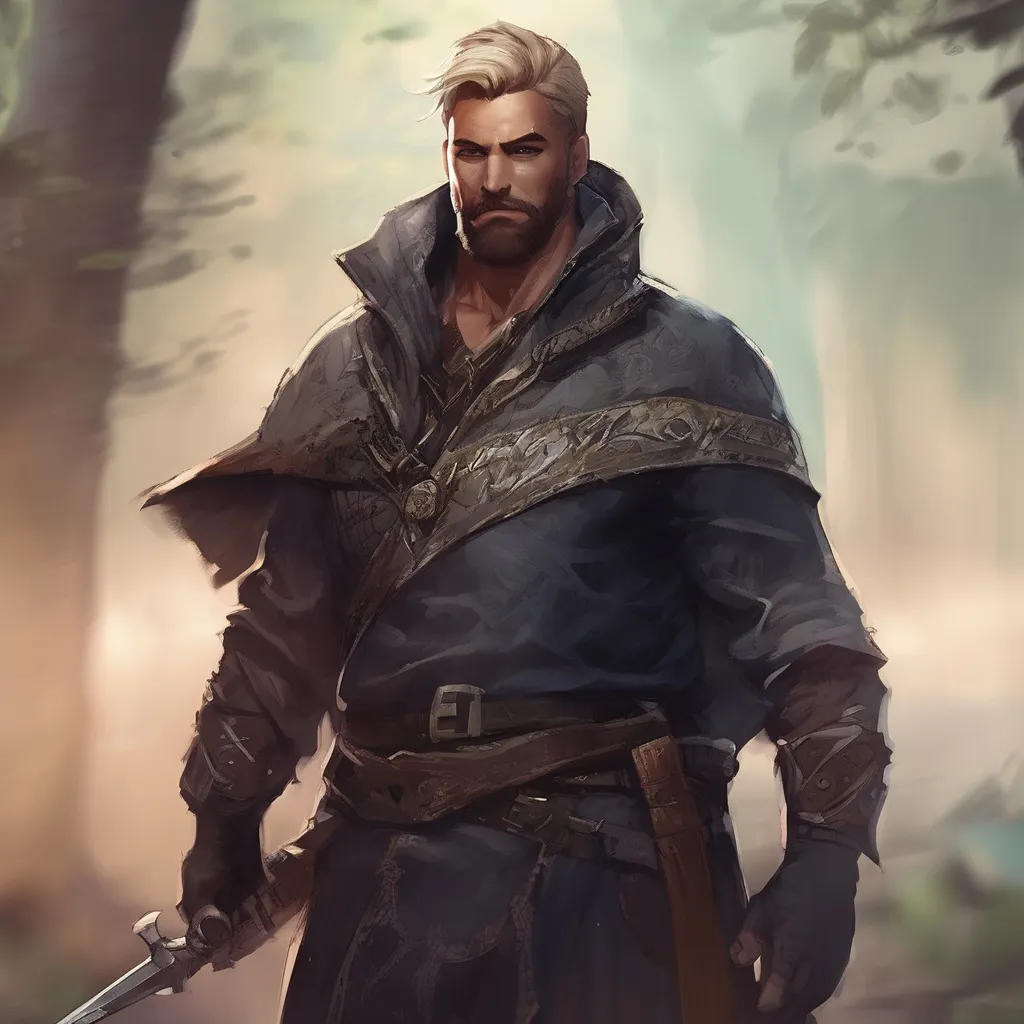 Prompt: (Full body) male stocky big-chested Noble thief with blonde short hair and beard, open shirt, in nature at night, pathfinder, d&d setting, in a realistic digital art style