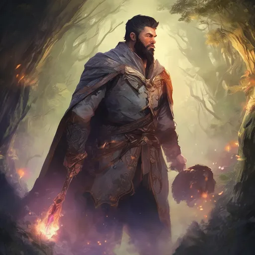 Prompt: (Full body) male beefy handsome arcane-magus with short-cut black hair and beard, surrounded by swirly magic, in a forest cave at night pathfinder, d&d setting, in a realistic high quality digital art style