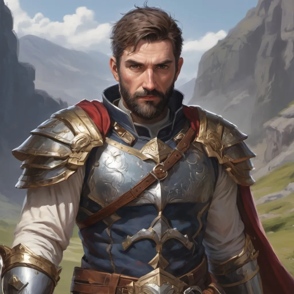 Prompt: Male heavy-set mature holy-paladin with short-cut hair and beard, in a windy valley, pathfinder, d&d setting, enhanced shadow quality
