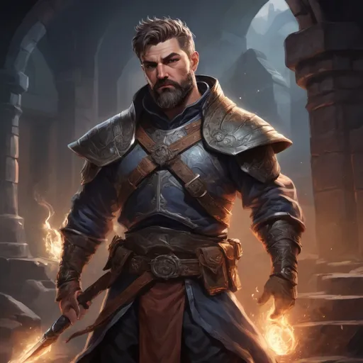 Prompt: Male stocky large mature fighter with short-cut hair and beard, exploring a dark astral magical dungeon in combat, pathfinder, d&d setting, in a realistic high quality digital art style, enhanced shadow quality