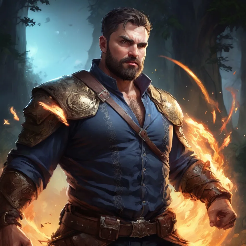 Prompt: Male stocky large fat templar with short-cut hair and beard, open shirt hairy chest, in combat casting a magic-ray out of hands in nature at night, pathfinder, d&d setting, in a realistic high quality digital art style, enhanced shadow quality, colorful