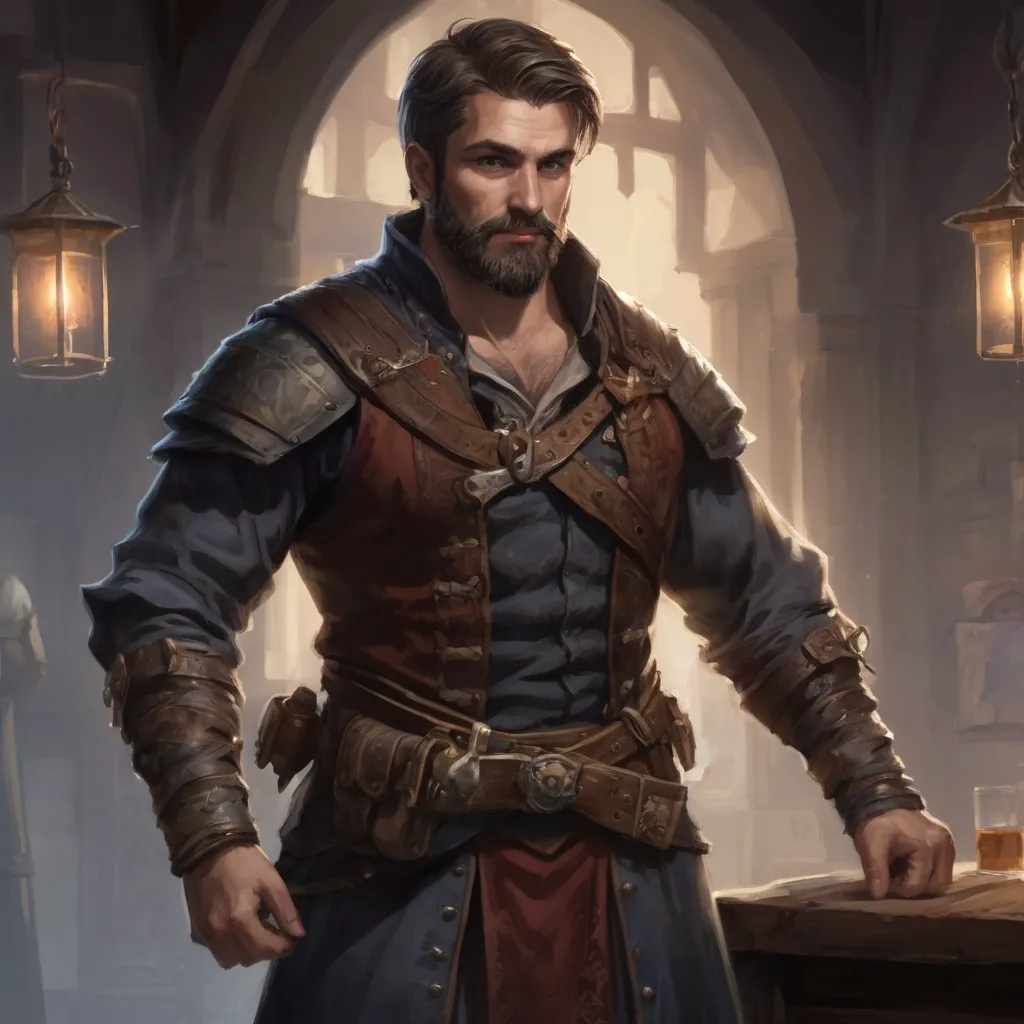 Prompt: Male stocky large muscular royal bard with short-cut hair and beard, exploring a dark tavern room, pathfinder, d&d setting, realistic, enhanced shadow quality