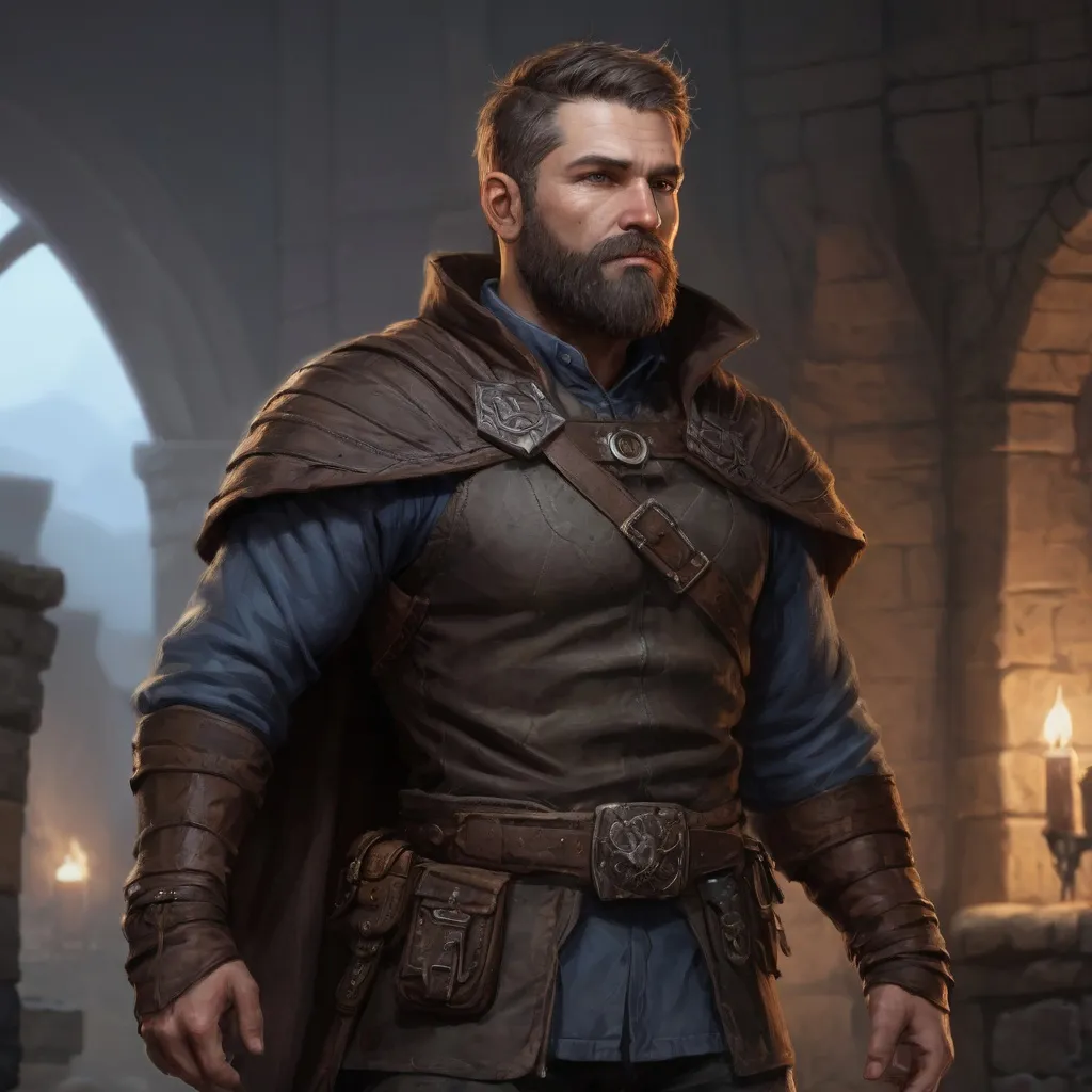 Prompt: Male stocky large fit hunter with short-cut hair and beard, in dark castle, pathfinder, d&d setting,realistic high quality, enhanced shadow quality, colorful