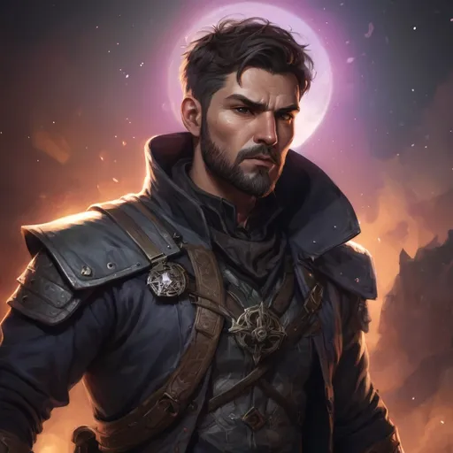 Prompt: Male stocky large mature assassin with short-cut hair and beard, exploring a dark astral dimention, pathfinder, d&d setting, in a realistic high quality digital art style, enhanced shadow quality, colorful
