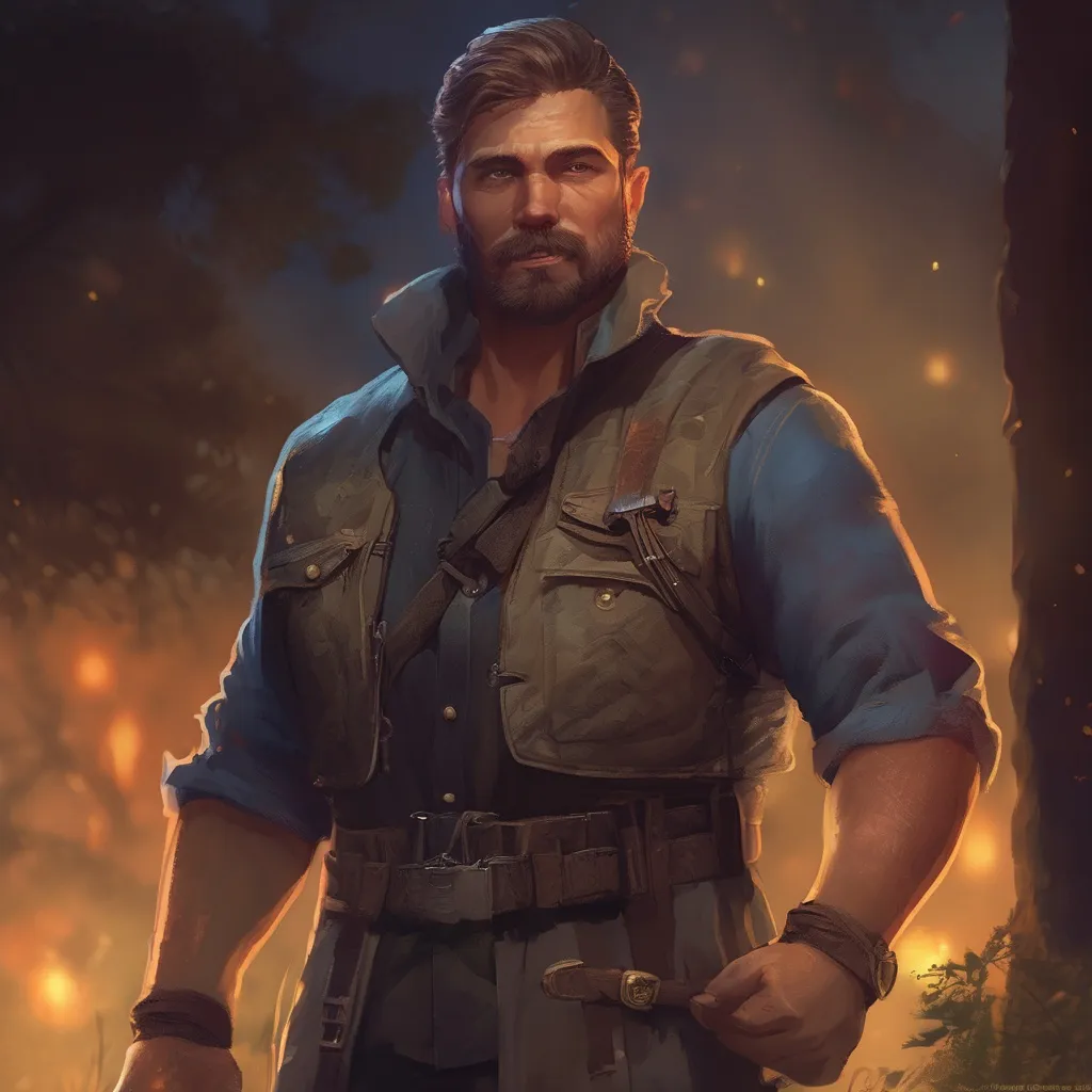 Prompt: (Full body) A male stocky hunky ranger with short-cut hair and beard, in a nature at night, pathfinder, d&d setting, in a realistic high quality digital art style