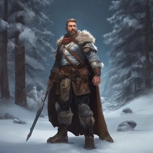 Prompt: (Full body) male handsome large muscular arctic ranger with short hair and beard, outside of a cave by a forest at night, pathfinder, d&d setting, in a realistic high quality digital art style