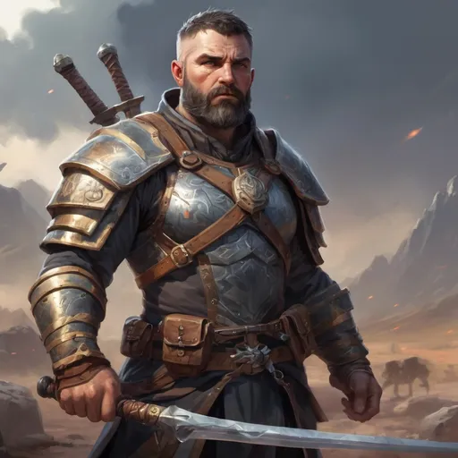 Prompt: Male stocky heavy-set mature muscular guardian with short-cut hair and beard, on a battlefield, in combat, holding a sword, pathfinder, d&d setting, in a realistic high quality digital art style, enhanced shadow quality, colorful