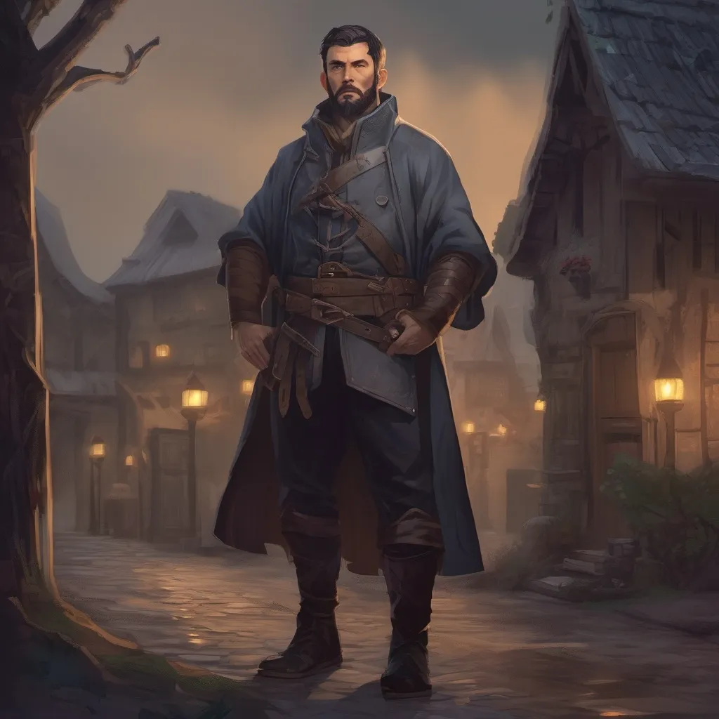 Prompt: (Full body) male manly stocky noble magical sorcerer with dark short-cut hair and beard, outside of a small village at night, pathfinder, d&d setting, in a realistic digital art style