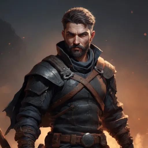 Prompt: (torso) Male stocky mature shadow-rogue with short-cut hair and beard, on a battlefield at night, in combat, holding a magic weapon, bright aura, pathfinder, d&d setting, in a realistic high quality digital art style, enhanced shadow quality