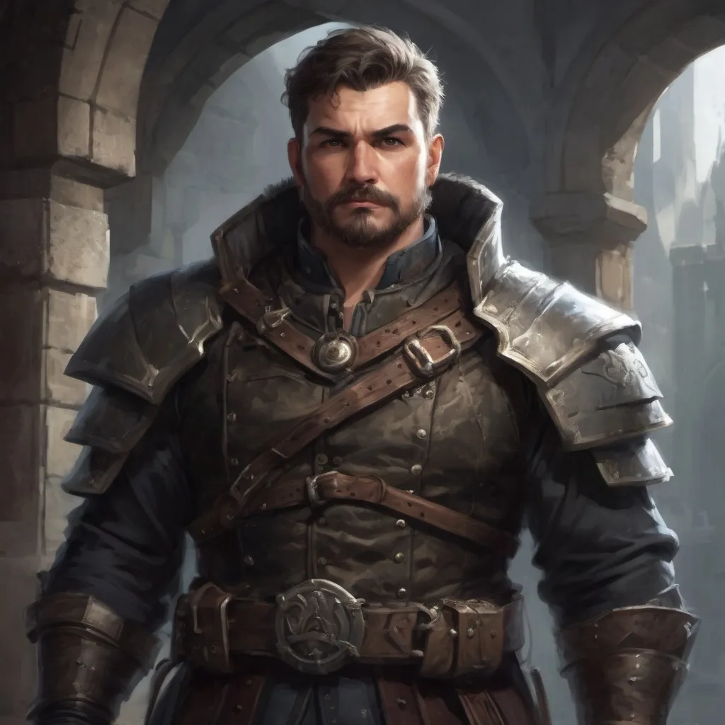 Prompt: (Full body) male stocky masculine manly fat guard with short hair and mustache, hairy chest, in a dark castle, pathfinder, d&d setting, in a realistic high quality digital art style