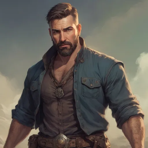 Prompt: (torso) Male stocky large fit 37-year old enchanter with short-cut hair and beard, open shirt hairy chest, in combat casting a magic-ray out of hands in a windy path, pathfinder, d&d setting, in a realistic high quality digital art style, enhanced shadow quality, colorful