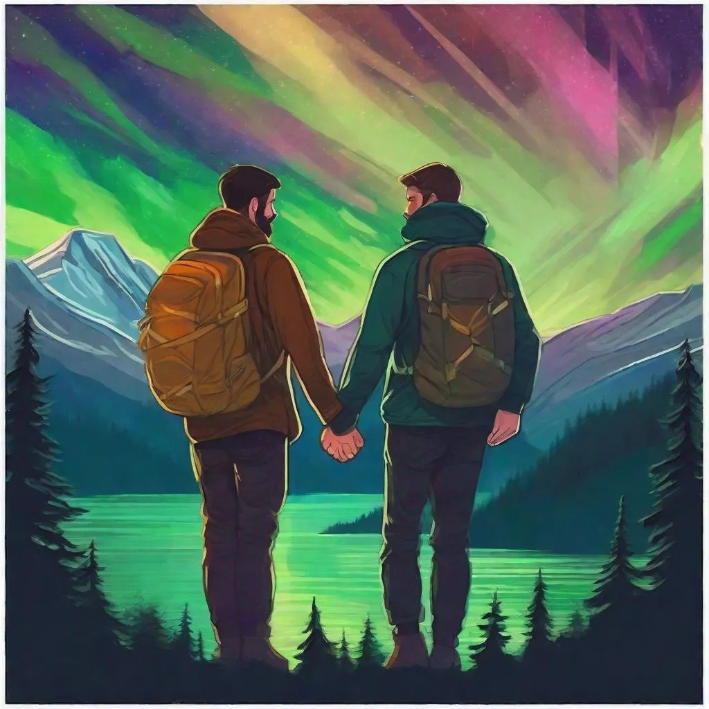 Prompt: Beautiful and colourful profile of two handsome man with short brunette hair and a beard, holding hands, hiking a norwegian mountain, are surrounded by Sitka Spruce trees, fjord in the distance, framed by northern lights in the sky, in a painted style