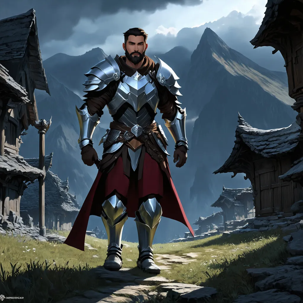 Prompt: (Full body) male warrior with short hair and beard, in shiny white-gold armor, exploring a dark fantasy villiage by a mountain at night, pathfinder, d&d setting, in a detailed digital art style