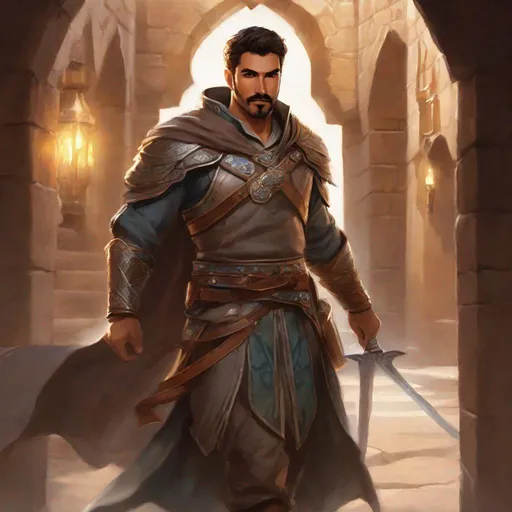 Prompt: (Full body) A broad-chested large arab male fighter with short-cut hair a mustache and stubble, pathfinger,  heavy-armor, magic swirl around hand, dungeons and dragons, hairy chest, brown boots, fantasy setting, coming out a large towngate late at night, in a painted style realistic art