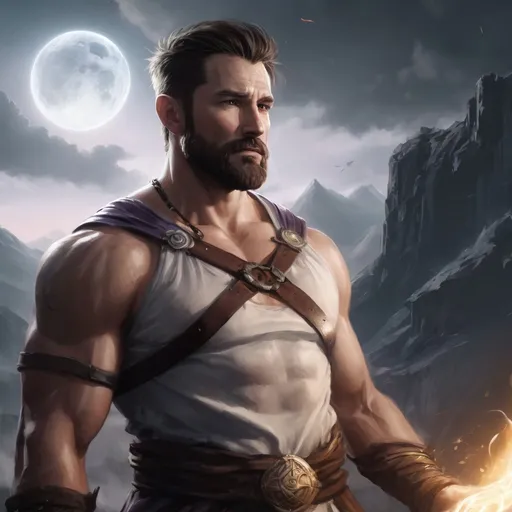 Prompt: Male stocky fit 36-year old muscular handsome magus with short-cut hair and beard and hairy chest, holding magic-spell, in a windy nature at night, pathfinder, d&d setting, enhanced shadow quality