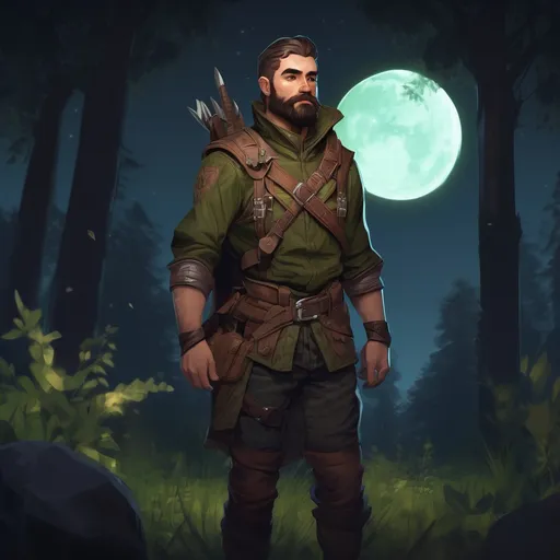 Prompt: (Full body) male ranger with short hair and beard, in nature at night, pathfinder, d&d setting, in a realistic digital art style