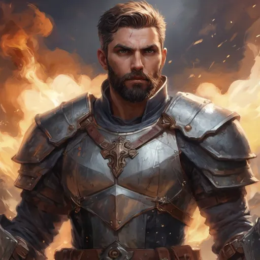 Prompt: (torso) Male stocky manly magical crusader with short-cut hair and beard, on a battlefield, in combat, holding a magic weapon, bright aura, pathfinder, d&d setting, in a realistic high quality digital art style, enhanced shadow quality