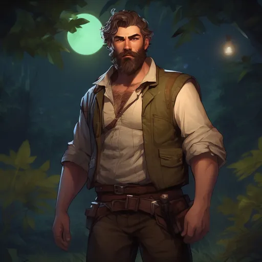 Prompt: (Full body) male stocky big-chested hairy-chested sneaky rogue with short hair and beard, open shirt, in nature at night, pathfinder, d&d setting, in a realistic digital art style