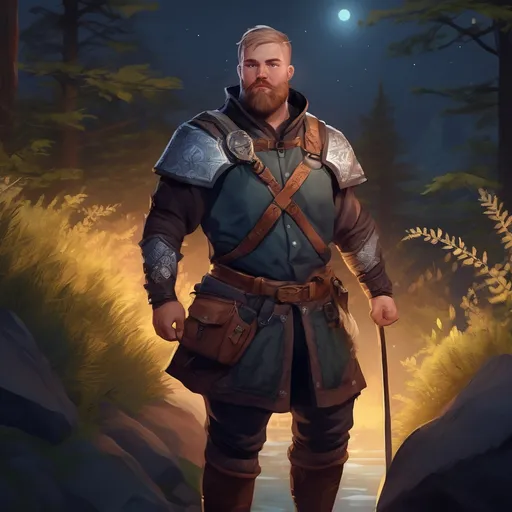 Prompt: (Full body) male stocky magical norwegian defender with short hair and beard, in nature at night, pathfinder, d&d setting, in a realistic digital art style