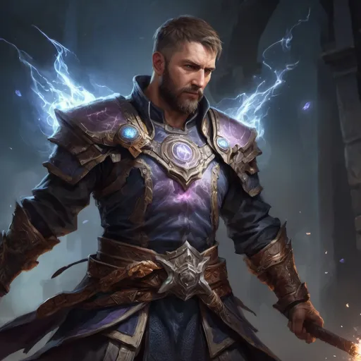 Prompt: (torso) Male stocky large battle-mage with short-cut hair and beard, engaged in combat casting a white-light spell inside of a dark dungeon, in movement, pathfinder, d&d setting, realistic, enhanced shadow quality, colorful
