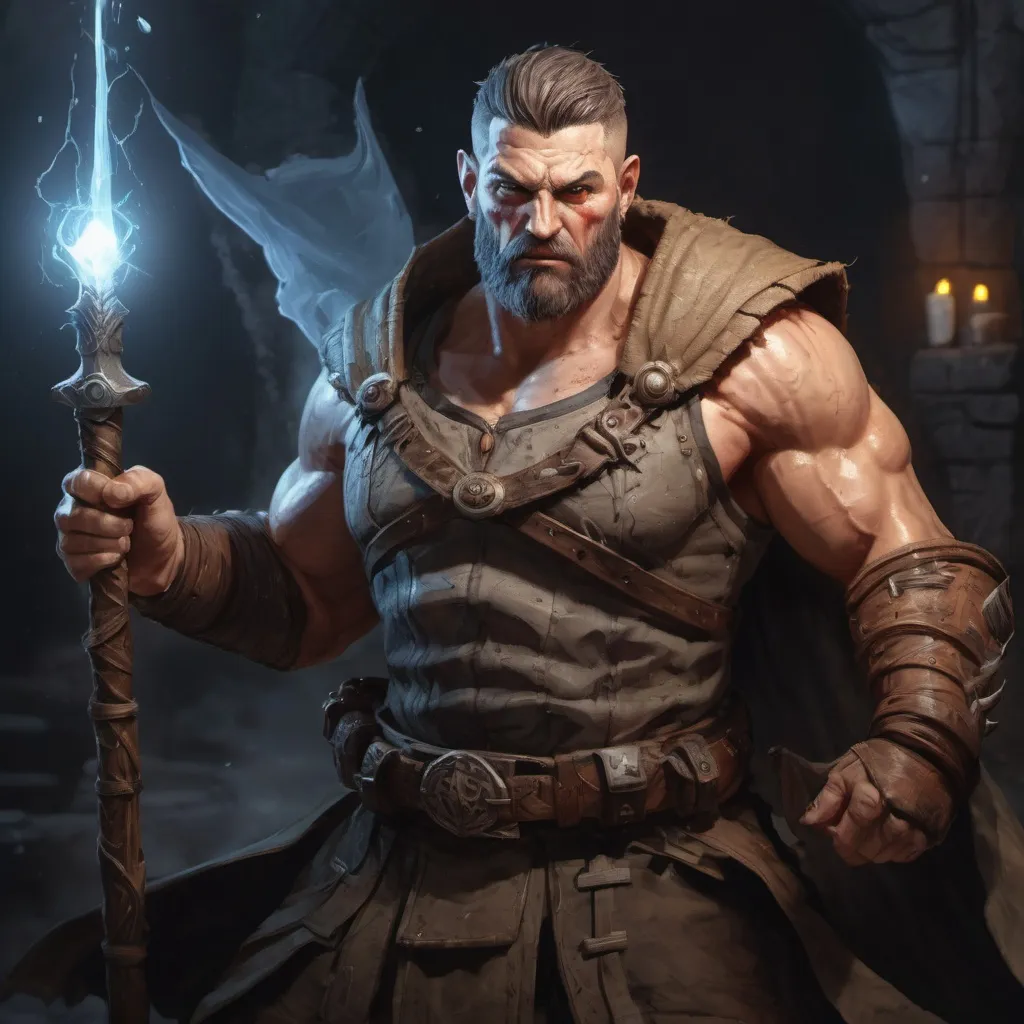 Prompt: Male stocky large muscular fat fantasy-druid with short-cut hair and beard, engaged in combat casting a white-light spell inside of a dark dungeon, pathfinder, d&d setting, in a realistic high quality digital art style, enhanced shadow quality, colorful
