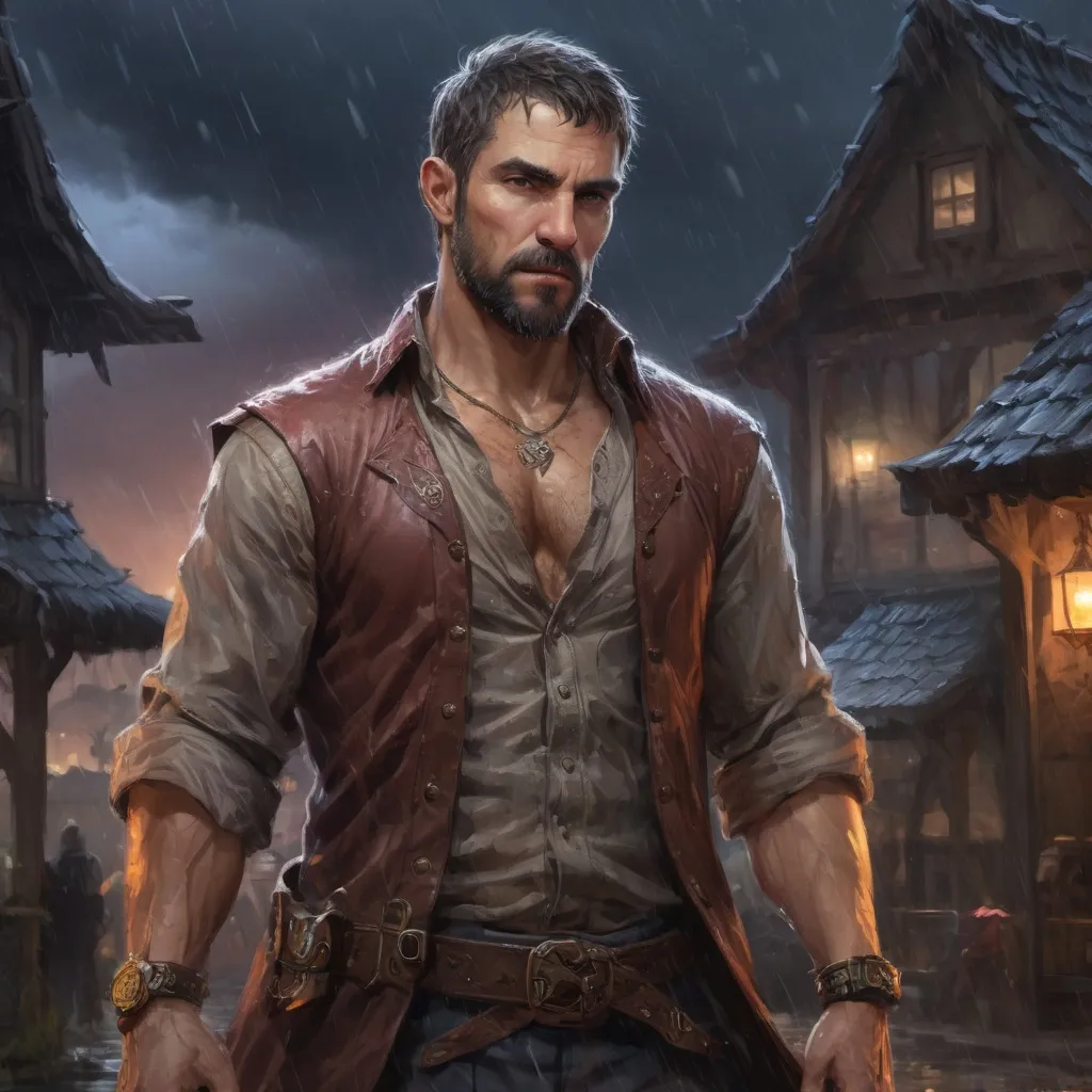Prompt: Male stocky Muscular large mature battle-mage with short-cut hair and beard, open shirt, hairy chest, outside of a small fantasy village in the rain at night, pathfinder, d&d setting, in a realistic high quality digital art style, enhanced shadow quality, colorful