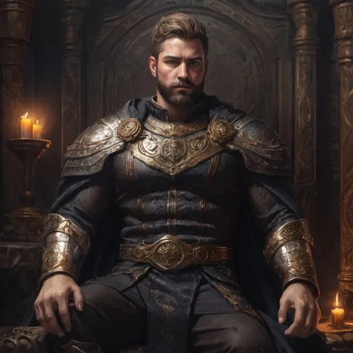 Prompt: (Full body) male stocky masculine manly hunky royal king with short hair and beard, hairy chest, in a dark throne room, pathfinder, d&d setting, in a realistic high quality digital art style