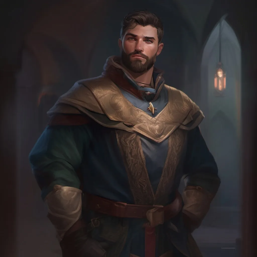 Prompt: (Full body) male stocky young royal noble with short-cut hair and beard, in a dark room, pathfinder, d&d setting, in a realistic digital art style