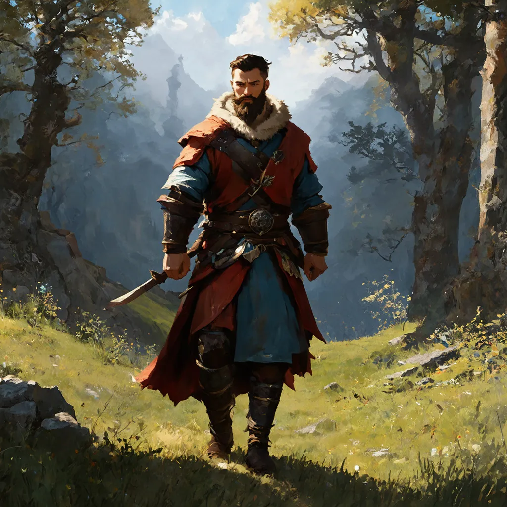 Prompt: (Full body) male warrior with short hair and beard, exploring a dark fantasy villiage by a forest, pathfinder, d&d setting, in a detailed digital art style