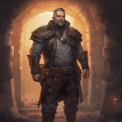 Prompt: (Full body) male stocky middle-aged magical artificer with black short-cut hair and beard, in a dark underground, pathfinder, d&d setting, in a realistic digital art style