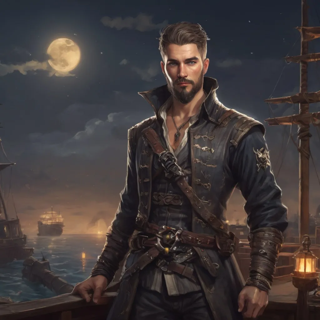 Prompt: (Full body) male handsome large  pirate mage with short hair and beard, on a ship by land at night, pathfinder, d&d setting, in a realistic high quality digital art style