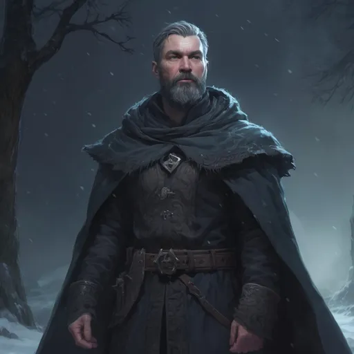 Prompt: Male stocky mature Cloaked winter-witch, with short hair and beard, standing on an old temple in a forest at night in a blizzard, pathfinder, d&d setting, in a realistic high quality digital art style, enhanced shadow quality, colorful