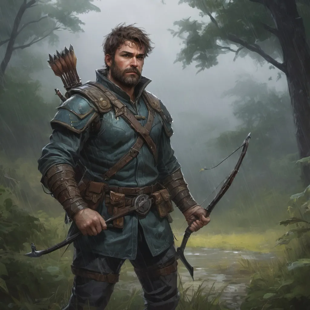 Prompt: Male stocky heavy-set hunter-archer with short-cut hair and beard, on a thicket battlefield in a rainstorm, pathfinder, d&d setting, in a realistic high quality digital art style, enhanced shadow quality, colorful