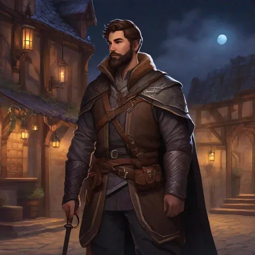 Prompt: (Full body) male arcane rogue with short brown hair and beard, pathfinder, dungeons and dragons, standing outside of a small town at night, in a  realistic painted style