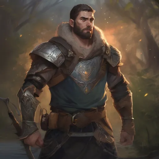 Prompt: (Full body) male stocky big-chested hairy-chested fantasy-ranger with short hair and beard, no shirt on, casting an nature spell, in nature at night, pathfinder, d&d setting, in a realistic digital art style