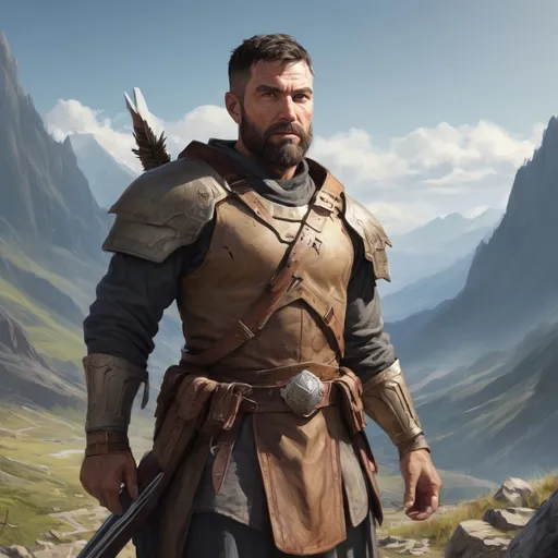 Prompt: Male heavy-set mature spearman with short-cut hair and beard, holding weapon, in a mountain valley, in combat, pathfinder, d&d setting, in a realistic high quality digital art style, enhanced shadow quality