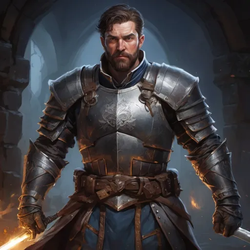 Prompt: Male stocky large mature royal knight with short-cut hair and beard, engaged in combat inside of a dark dungeon, pathfinder, d&d setting, in a realistic high quality digital art style, enhanced shadow quality, colorful picture