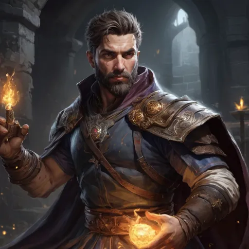 Prompt: (torso) Male stocky large bulgarian handsome battle-mage with short-cut hair and beard, engaged in combat casting an arcane-spell inside of a dark dungeon, in movement, pathfinder, d&d setting, realistic, enhanced shadow quality, colorful