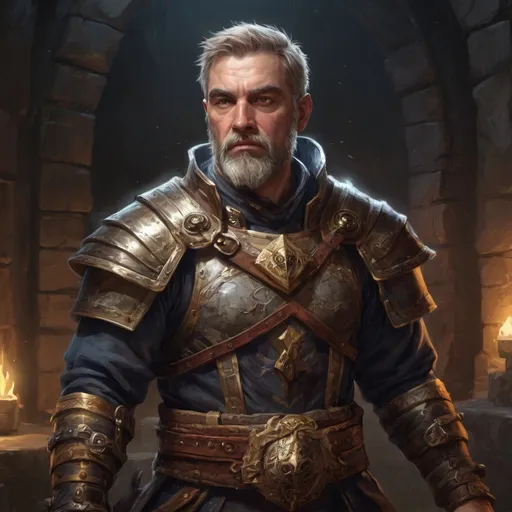 Prompt: Male stocky hairy mature warrior in  a breastplate, with short dark-blonde hair and beard, exploring a dark dungeon, pathfinder, d&d setting, in a realistic high quality digital art style, enhanced shadow quality, very colorful