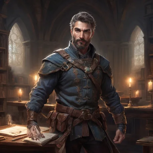 Prompt: Male stocky mature noble marksman, with short hair and beard, open shirt, hairy chest, in a dark library in a castle, pathfinder, d&d setting, in a realistic high quality digital art style, enhanced shadow quality, colorful