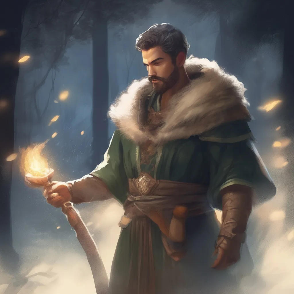 Prompt: (Full body) male stocky large magical druid with short-cut hair and beard, casting a magical healing spell, in nature in the dark, cloak, pathfinder, d&d setting, in a realistic digital art style