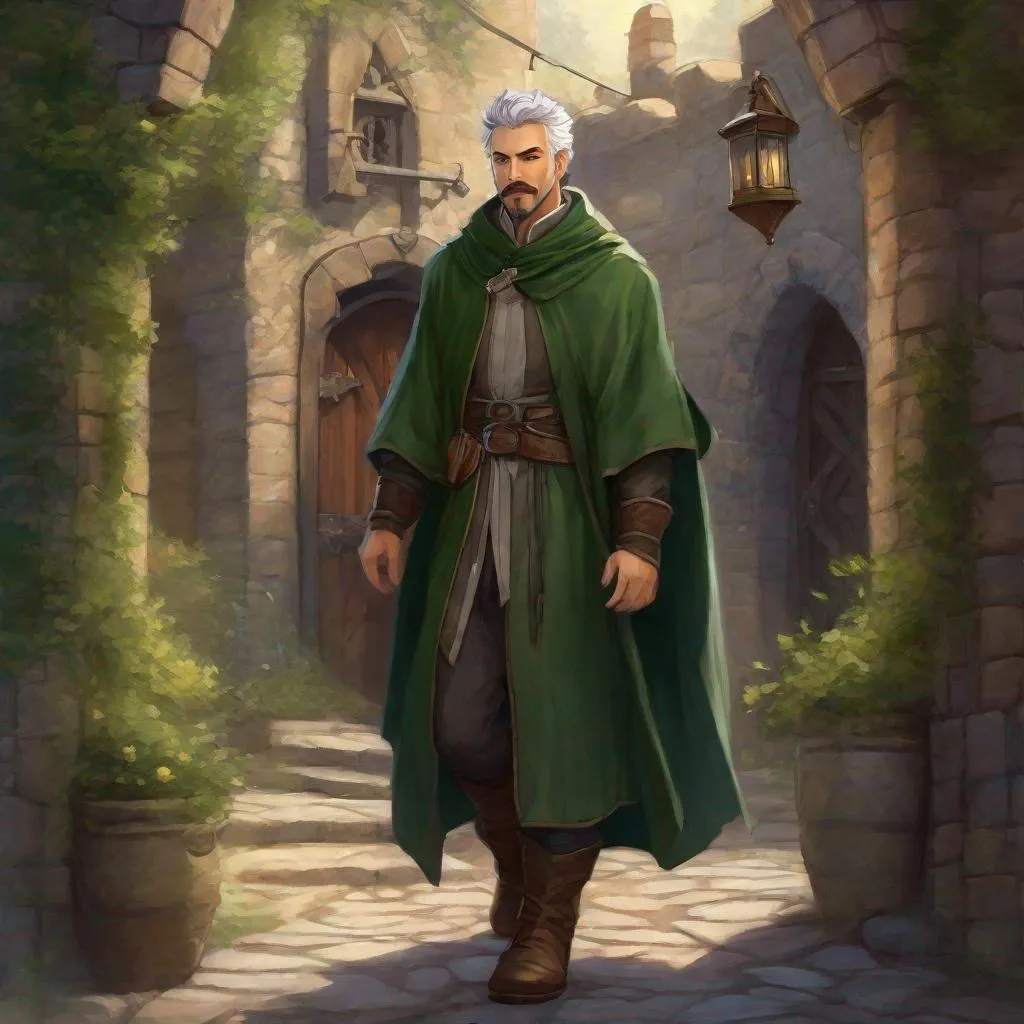 Prompt: (Full body) A hairy broad-chested large handsome male alchemist with short-cut grey hair a mustache and stubble, pathfinger, dungeons and dragons, dark-green robe, brown boots, fantasy setting, going out a town gate, in a painted style realistic